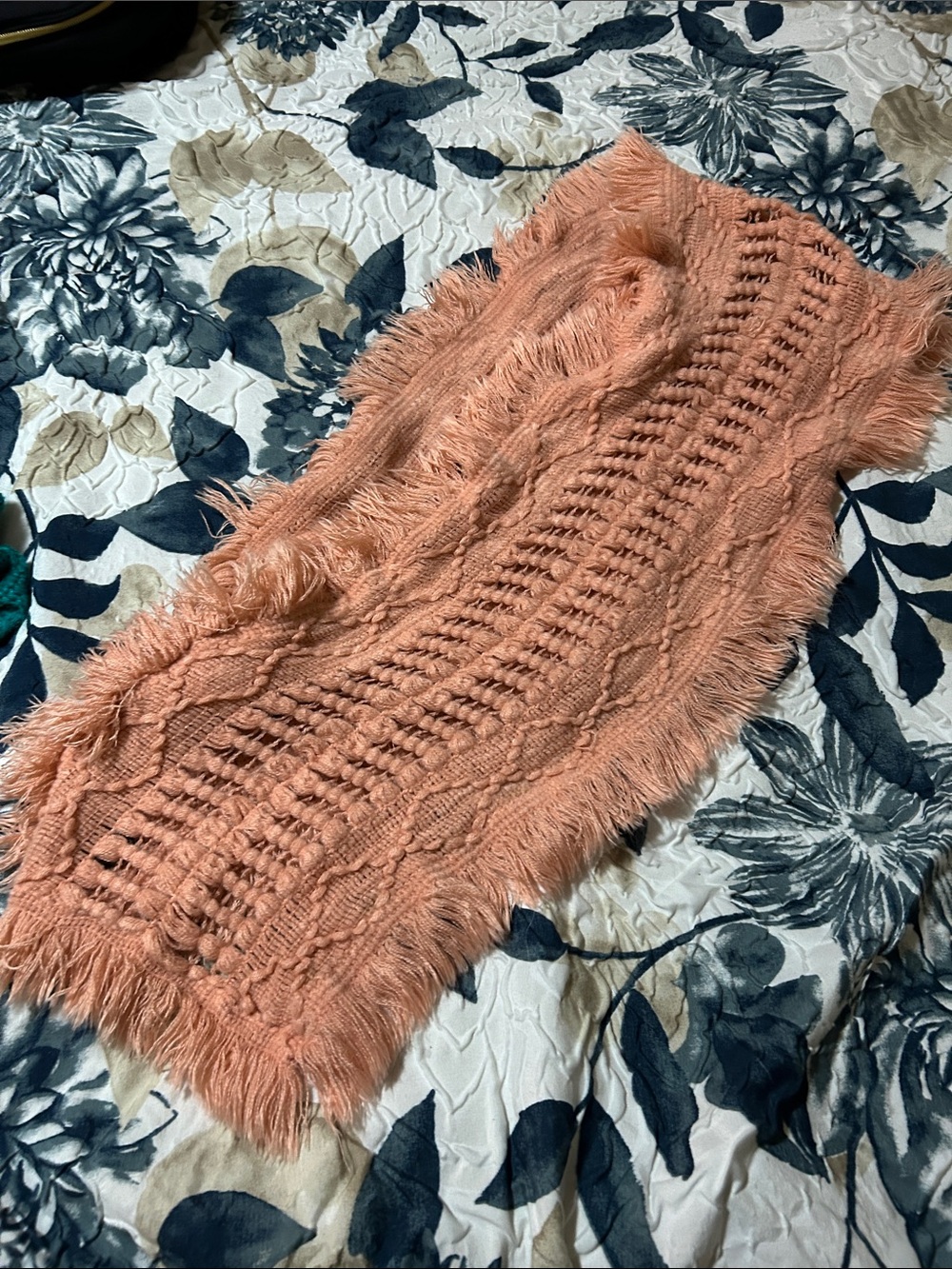 Peachy Fringed Cable Knit Infinity Scarf